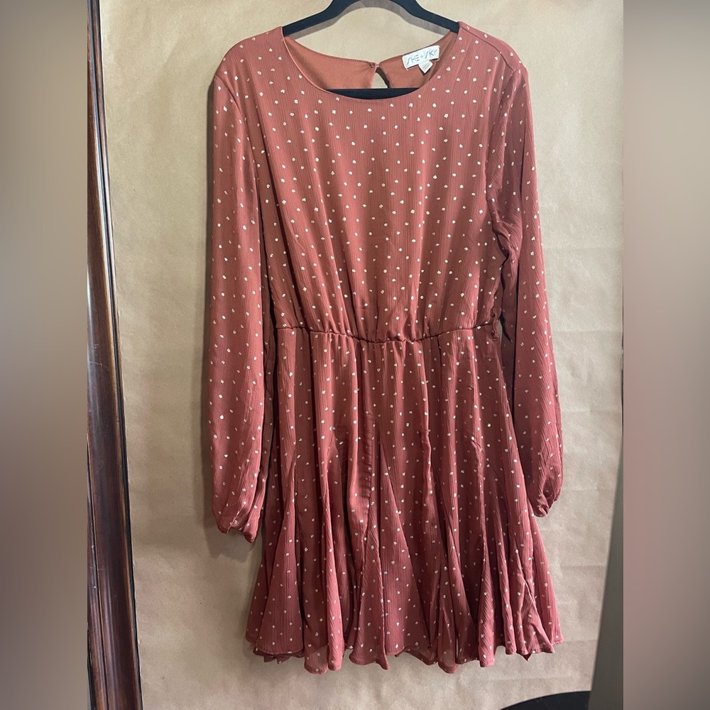 Harvest Orange with gold Foil polka dot ruffle dress Long Sleeve modest
